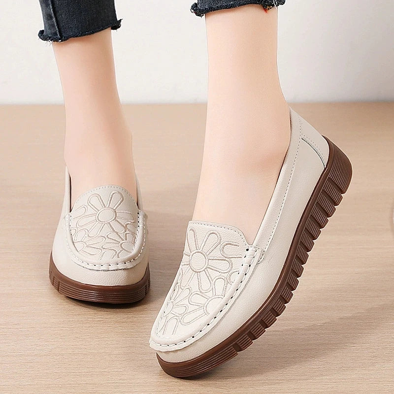 WOIZGIC Chaussures pour femmes en cuir véritable, plates, antidérapantes, souples, pour printemps et automne