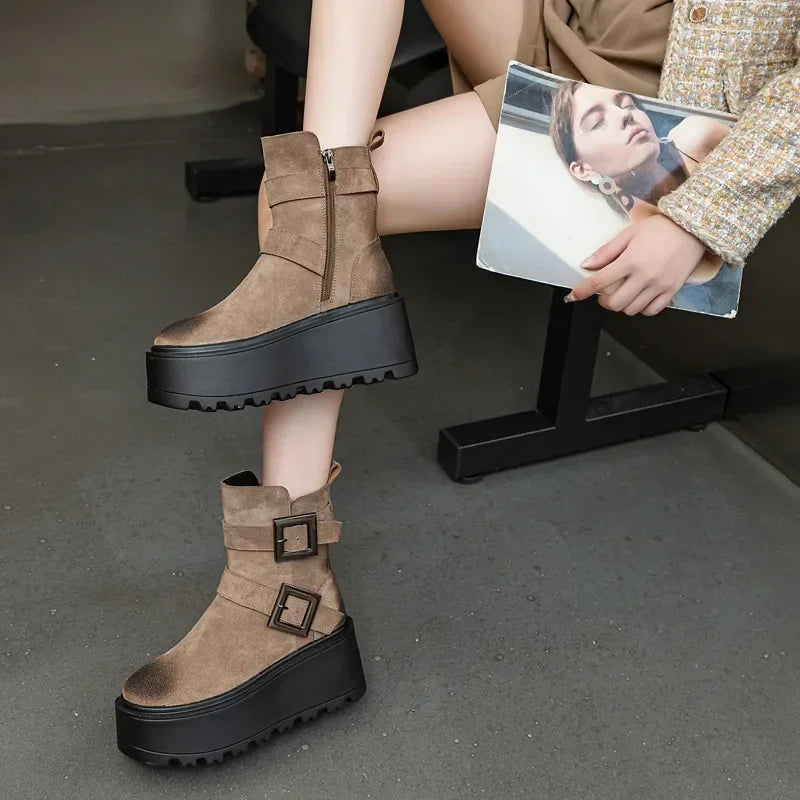 Fujin 8cm Suede Genuine Leather Ankle Booties Women Autumn Boot Flats Winter Plush Thick Sole Motorcycle Platform Wedge Shoes