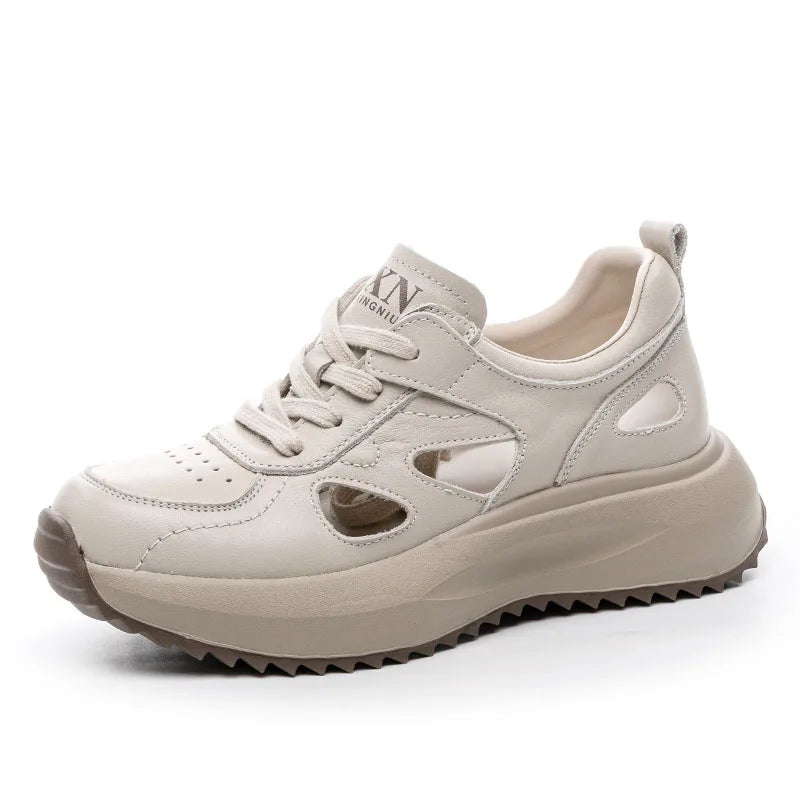 DRKANOL Casual Sneakers Women 2025 Summer Hollow Breathable Genuine Leather Thick Sole Platform Lightweight Ladies Shoes White