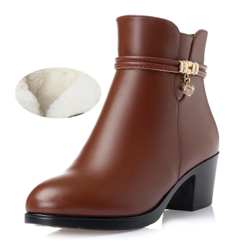 WOIZGIC Femmes Dames Mère Famale Hiver Cheville En Cuir Véritable Fourrure Chaude Laine Peluche Chaussures Bottes Fermeture Éclair Talon Moyen Grande Taille 43