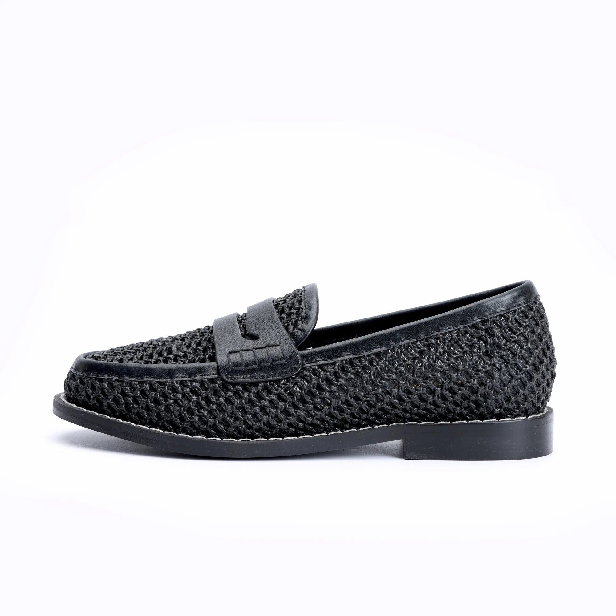 Women's Breathable Black Woven Mesh Peny Loafers with Leather Monk Strap and Soft Insole - Perfect for Office and Casual Wear