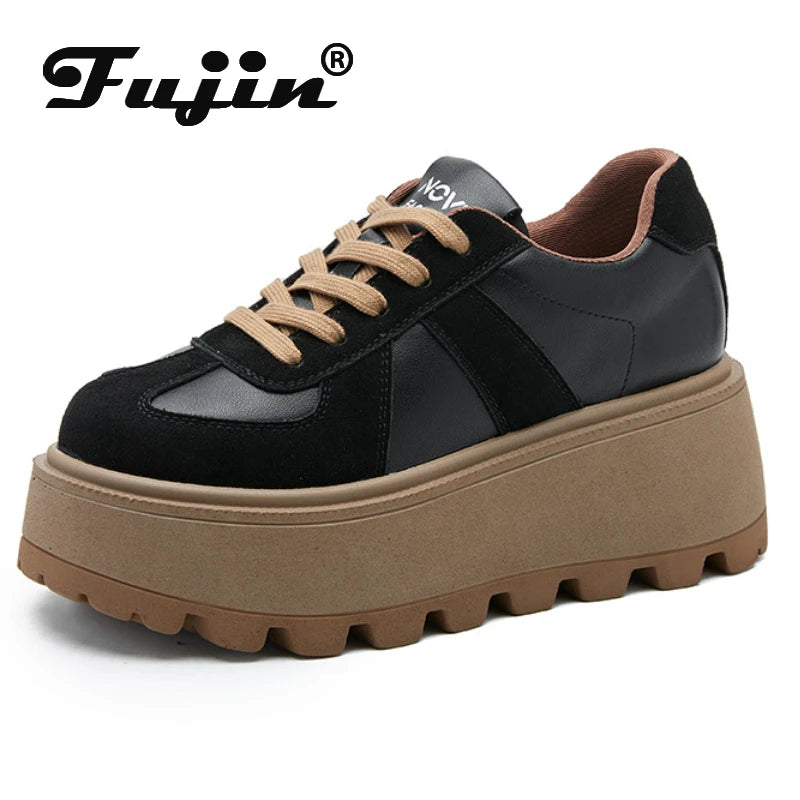 Fujin 8cm Microfiber Genuine Leather Breathable Fashion Chunky Sneaker Flats Booties Boots Spring Autumn Women Vulcanize Shoes