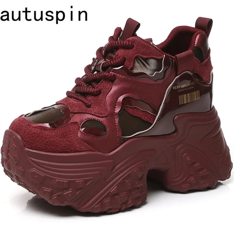 AUTUSPIN 10cm Hidden Wedges Platform Women Shoes Winter Autumn Retro Ins Popular Ladies Vulcanized Sneakers Female Size 34-39