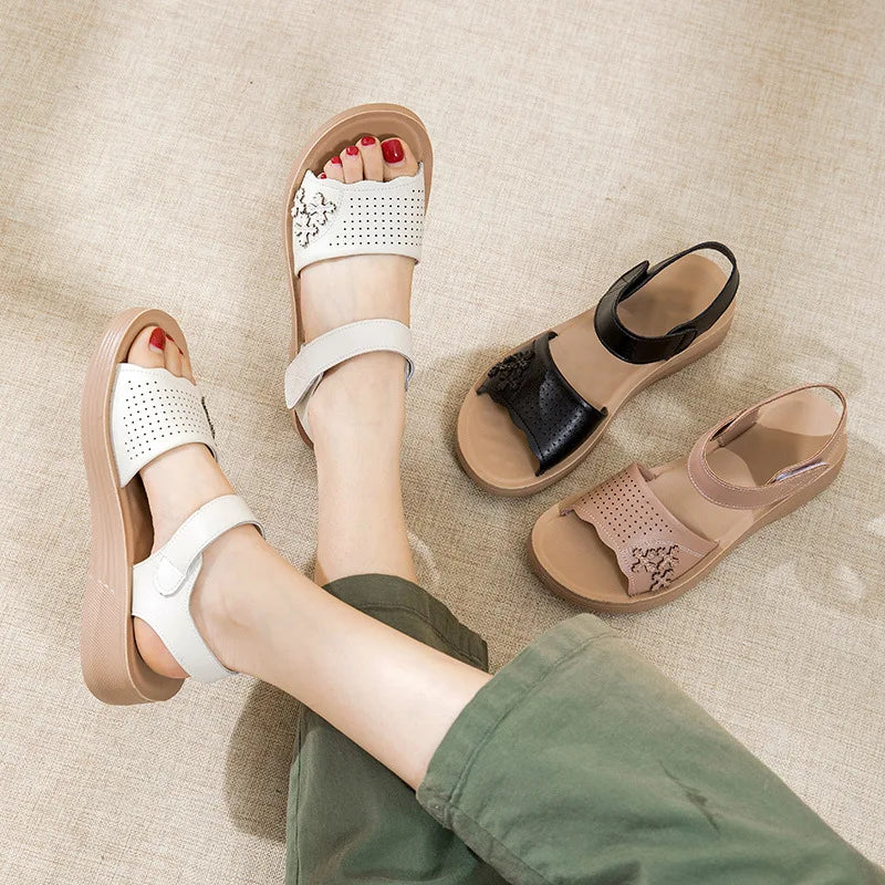 WOIZGIC Femmes Dames Mère Véritable Cuir Blanc Sandales Chaussures Été Plage Cool Doux Antidérapant Style National
