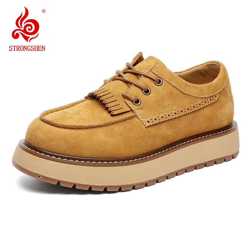 Men's Casual Oxford Shoes Leather Yellow Round Toe Business Platform Shoes Lace-up Tassels Shoe Comfortable Breathable Shoes