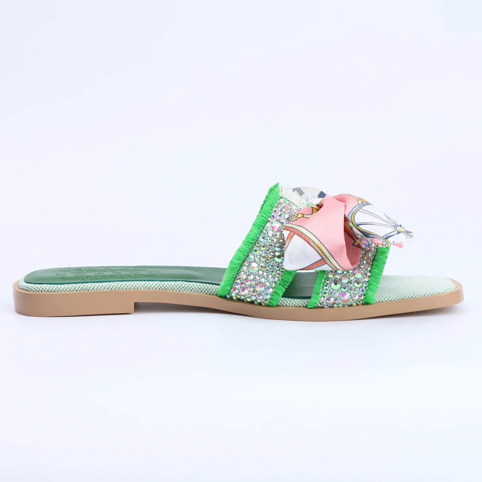 Women's Green Flat Luxury Rhinestone Sandals, Slip on Designer Slides Summer Fall Shoes Cute Open Toe Slippers