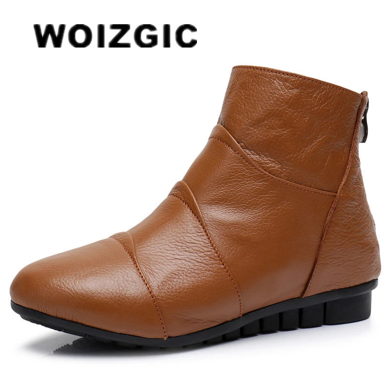 WOIZGIC Femmes Dames Femme Mère Chaussures En Cuir Véritable Plateforme Bottines Fermeture Éclair Automne Hiver Chaud Fourrure En Peluche Grande Taille