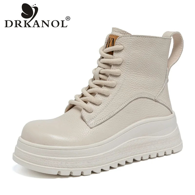 DRKANOL 2025 Genuine Leather Ankle Boots For Women Wedges Height Increasing Chunky Platform British Style Leisure Short Boots