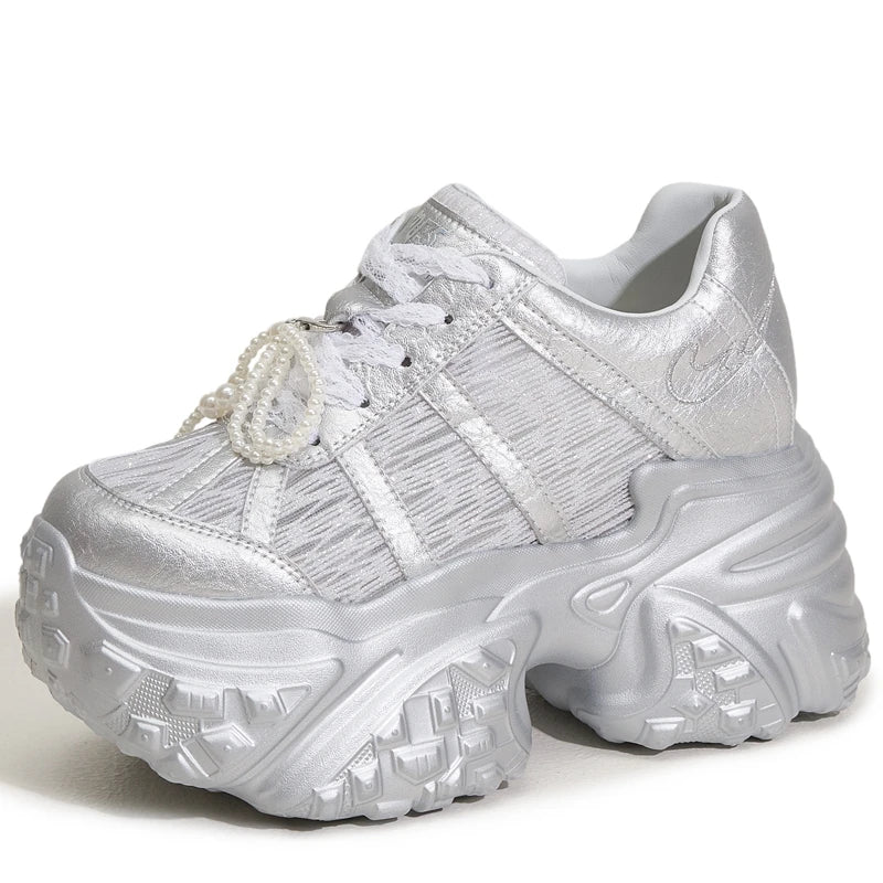 AUTUSPIN 10cm Height Increasing Summer Shoes for Women 2025 Fashion Breathable Lace Synthetic Leather Leisure Sports Sneakers