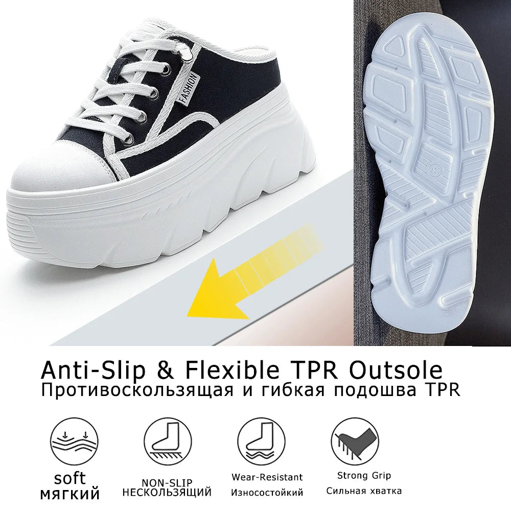 Fujin 9cm Canvas Genuine Leather Women Summer Shoes Wedge Sneakers Platform Slippers Shoes Slip on Sandals Slideds High Heel