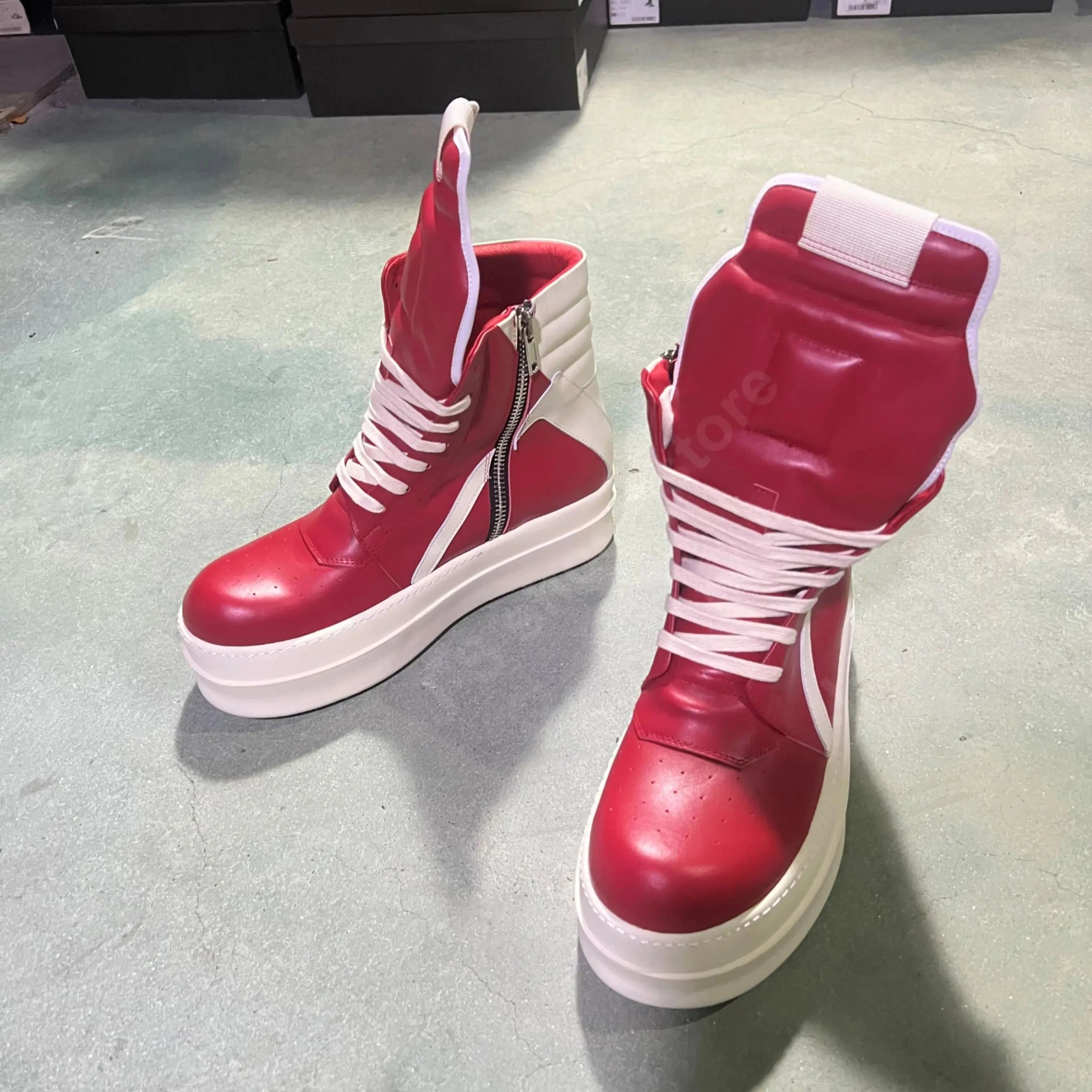 R-o Classic Men Shoe Women Sneaker Red Leather Ankle Boot High Top Casual Shoes Zipper Lace Up 6cm Thick Sole Sneakers Boots