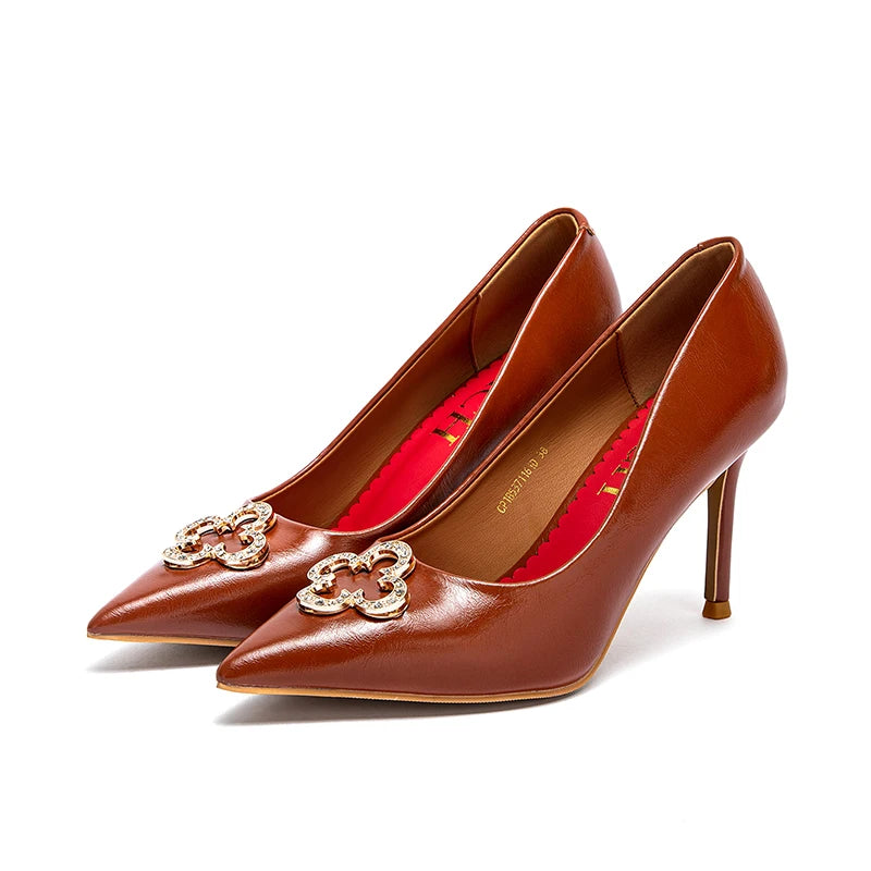 Heels 9CM Woman Black Shoes Leather Shoes Pointed Toe Banquet Evening Wedding Casual Single Shoes Luxury Brand Women's Shoes