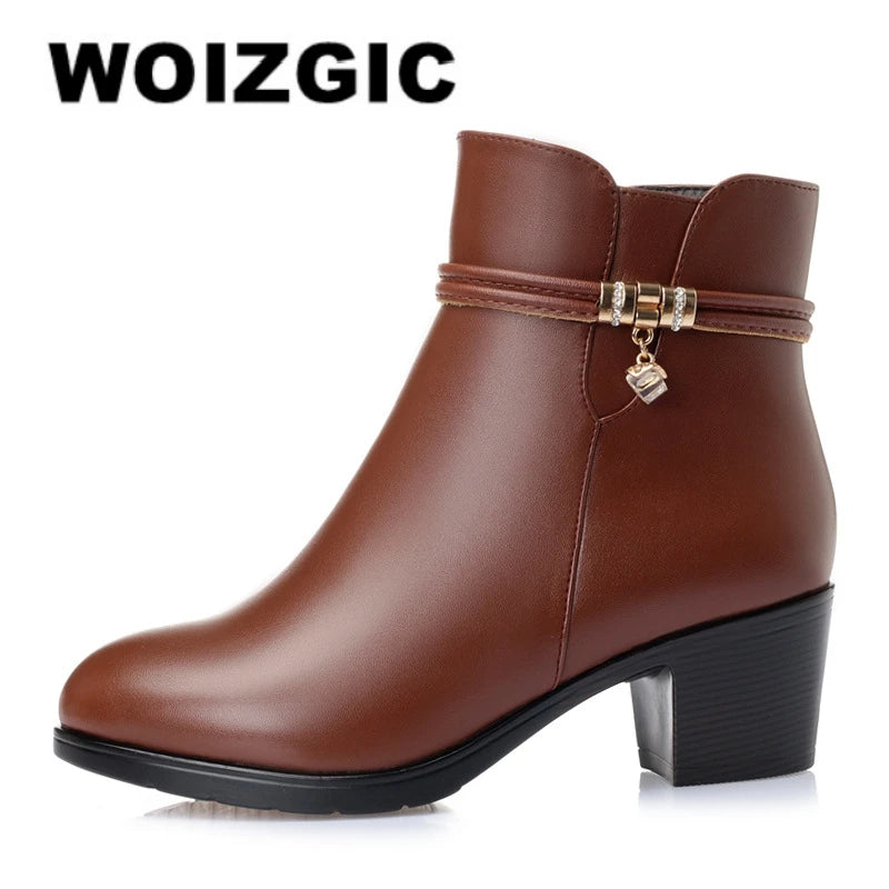WOIZGIC Femmes Dames Mère Famale Hiver Cheville En Cuir Véritable Fourrure Chaude Laine Peluche Chaussures Bottes Fermeture Éclair Talon Moyen Grande Taille 43