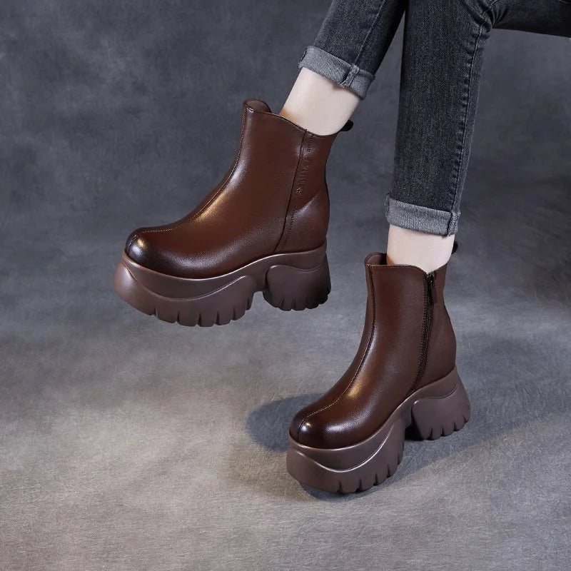 DRKANOL Women Genuine Leather Boots 2025 Autumn Winter Warm Platform Height Increasing 9.5cm High Heel Retro Casual Ankle Boots