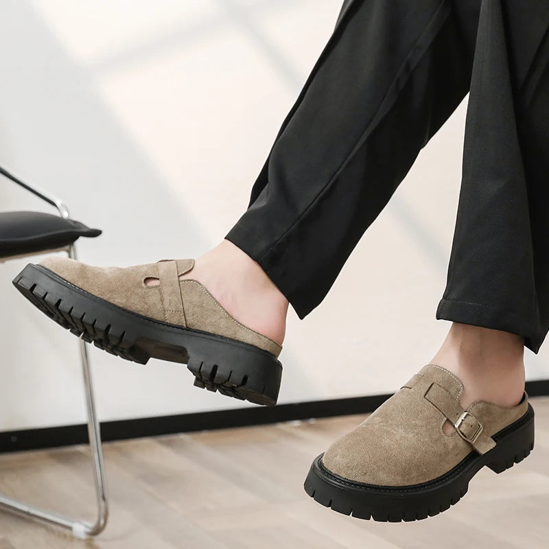 Men Leather Half Slippers Business Semi-towed Leather Shoes Thick-soled Wear-resistant Fashionable Shoes Indoor Outdoor Slippers