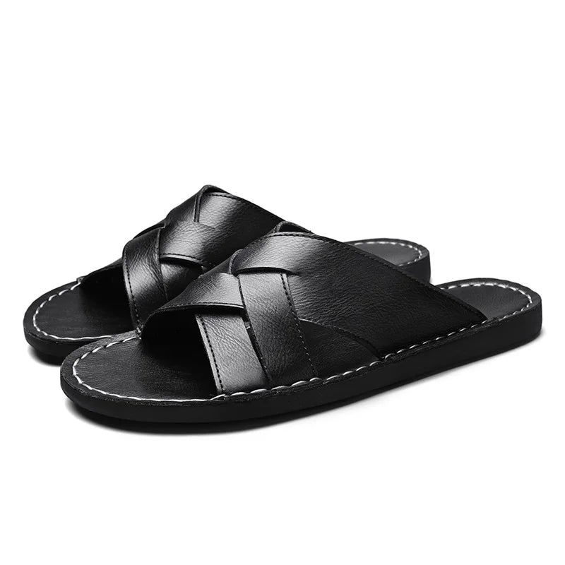 STRONGSHEN Summer Men Genuine Leather Slippers Designer Casual Slides Outdoor Beach Shoes Breathable Anti Slip Soft Sole Sandals