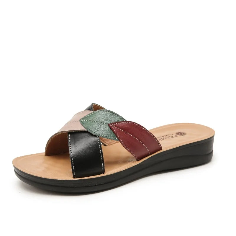 WOIZGIC Femmes Femmes Dames Mère Chaussures En Cuir Véritable Sandales Plateforme Pantoufle Été Cool Plage Doux Sans Lacet Extérieur