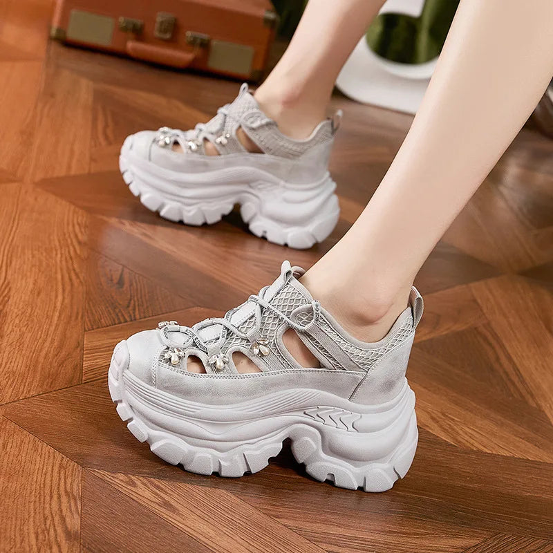 Fujin 9cm Air Mesh Microfiber Leather Comfy Booties Chunky Sneaker Ankle Boots Platform High Brand Fashion Summer Shoes Women