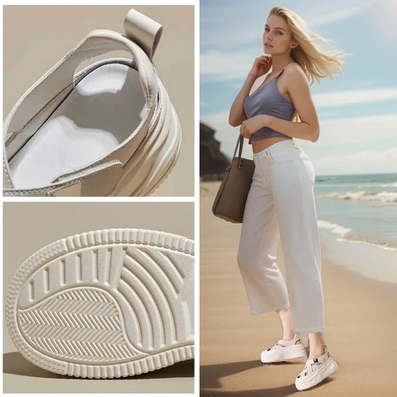 Fujin 8cm Cow Weave Genuine Synthetic Leather Platform Wedge Hook Summer Hollow Sandals Flat Women Slippers Pumps Fashion Shoes