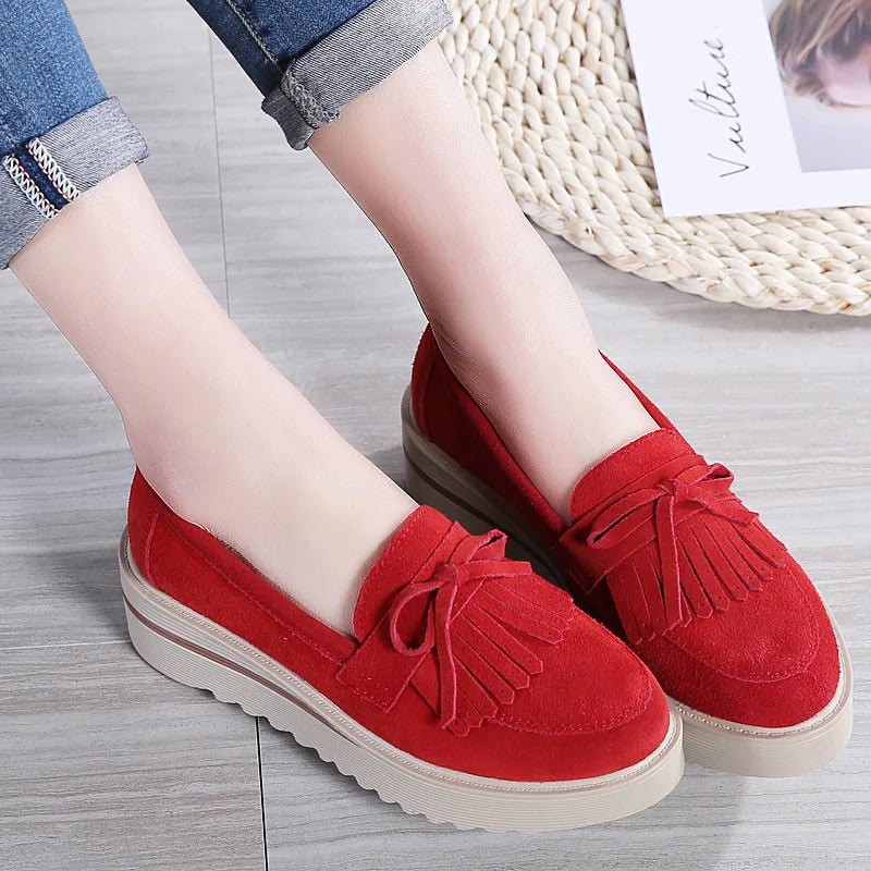 WOIZGIC Women Female Ladies Mother Cow Suede Leather Shoes Platform Flats Fringe Non Slip On Autumn Nowknot Vulcanized Shoes