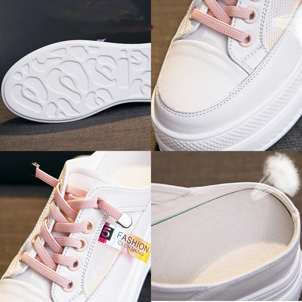 Fujin 2024 Genuine Leather Women Summer Shoes 8cm Platform Wedge Sneakers Beach Shoes Sandals Mules Slippers Sliades Air Mesh