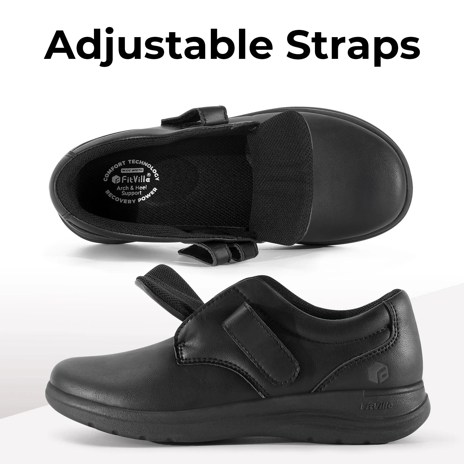 FitVille Leather Women's Shoes Extra Wide Diabetic Shoes Slip-On Walking Shoes For Womens Swollen Feet with Arch Support