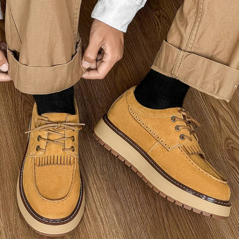 Men's Casual Oxford Shoes Leather Yellow Round Toe Business Platform Shoes Lace-up Tassels Shoe Comfortable Breathable Shoes