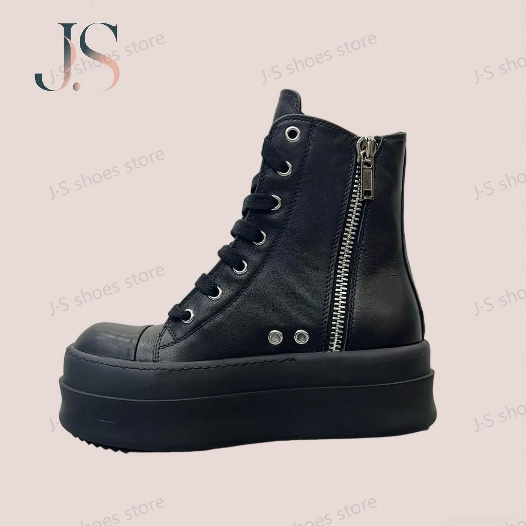 Ro Classic Men Shoe Ankle Boot Women Sneaker High Top Casual Shoes Zip Lace Up 6cm Thick Sole Boots Full Black Leather Sneakers