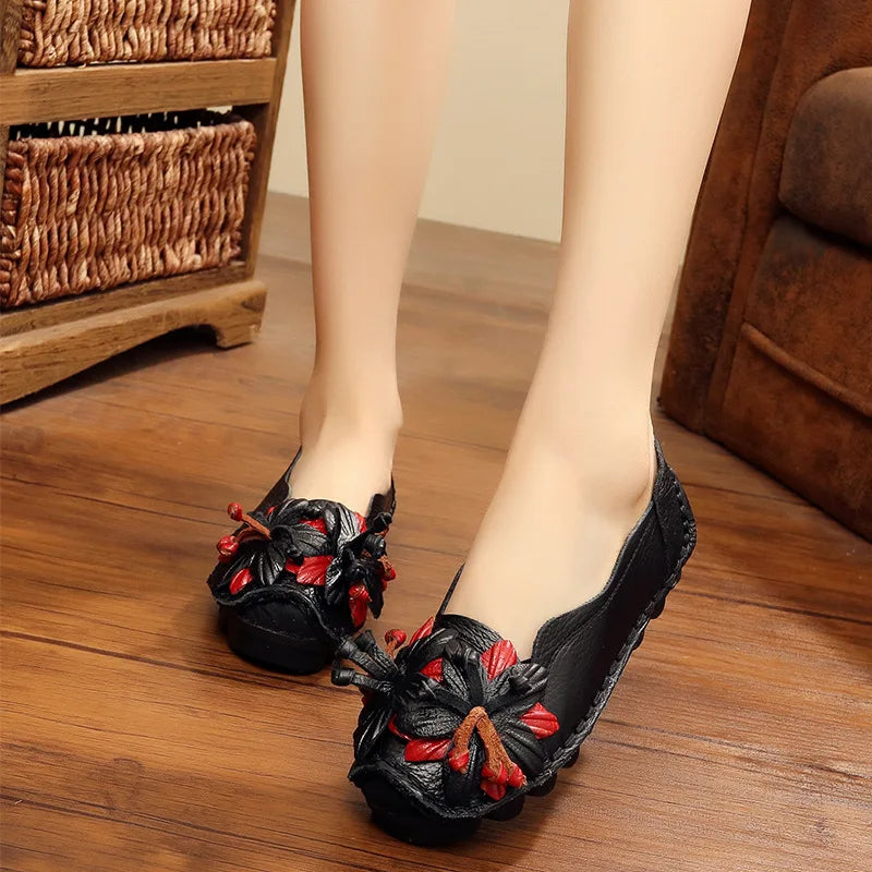 WOIZGIC Women Female Mother Ladies Genuine Leather Shoes Flats Loafers Non Slip On Flowers Retro Moccasins Plus Size 41 42