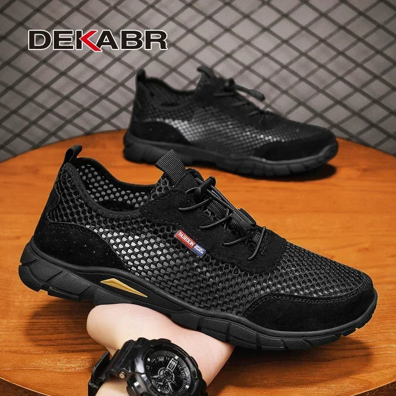 DEKABR Men's Shoes Genuine Leather Mesh Breathable Summer Fashion Lacing Comfortable Outdoor Lightweight Shoes For Men