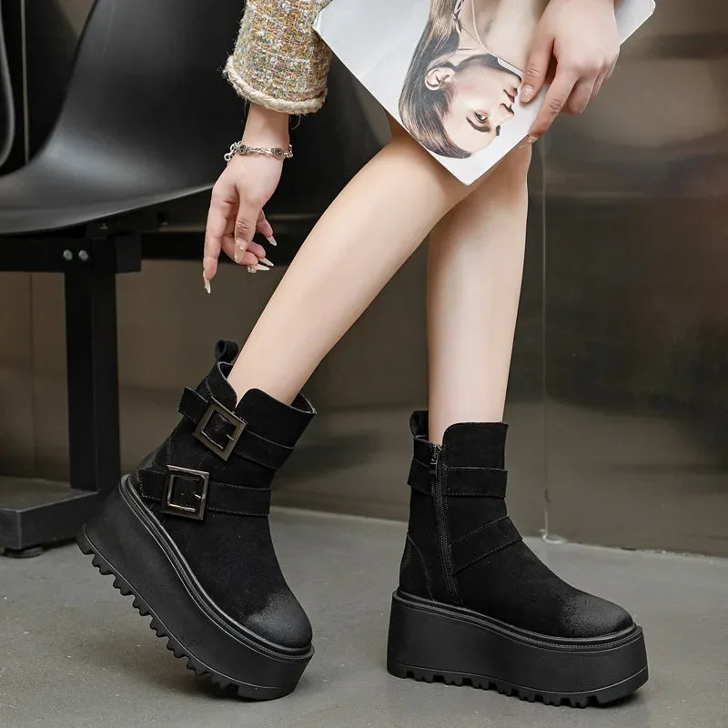 Fujin 8cm Suede Genuine Leather Ankle Booties Women Autumn Boot Flats Winter Plush Thick Sole Motorcycle Platform Wedge Shoes