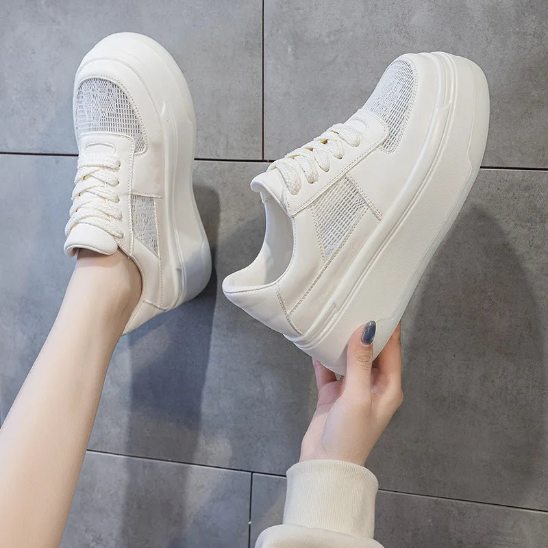 Fujin 7cm Air Mesh Genuine Synthetic Pumps Platform Wedge Summer Hollow Leather Sandals Flats Women Slippers Lace Up Shoes