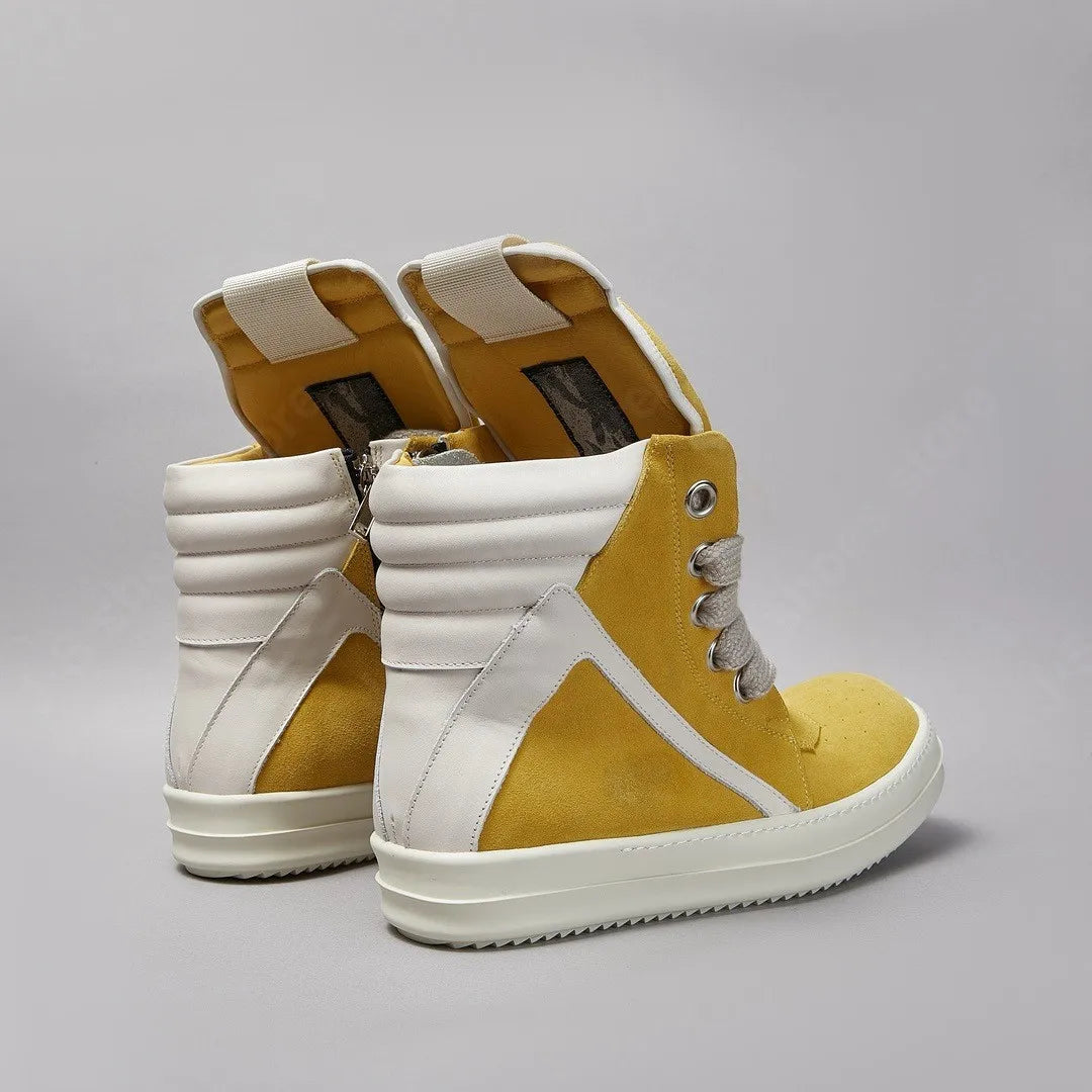 Ro Men Shoe Yellow Suede Boots Outoor High Top Casual Shoes Jumbo Laces White Leather Zipper Women Sneaker Cowhide Ankle Boot