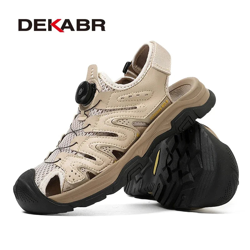 DEKABR Summer Men Sandals Genuine Leather Quick Lacing Roman Beach Shoes Plus Big Size 38-47