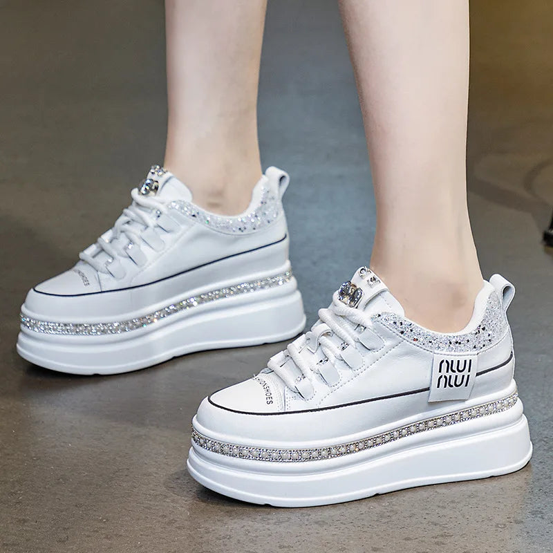 Fujin 7cm Genuine Leather Women Platform Wedge Autumn Spring Hidden Heels Women Vulcanized Bling Chunky Sneakers Casual Shoes