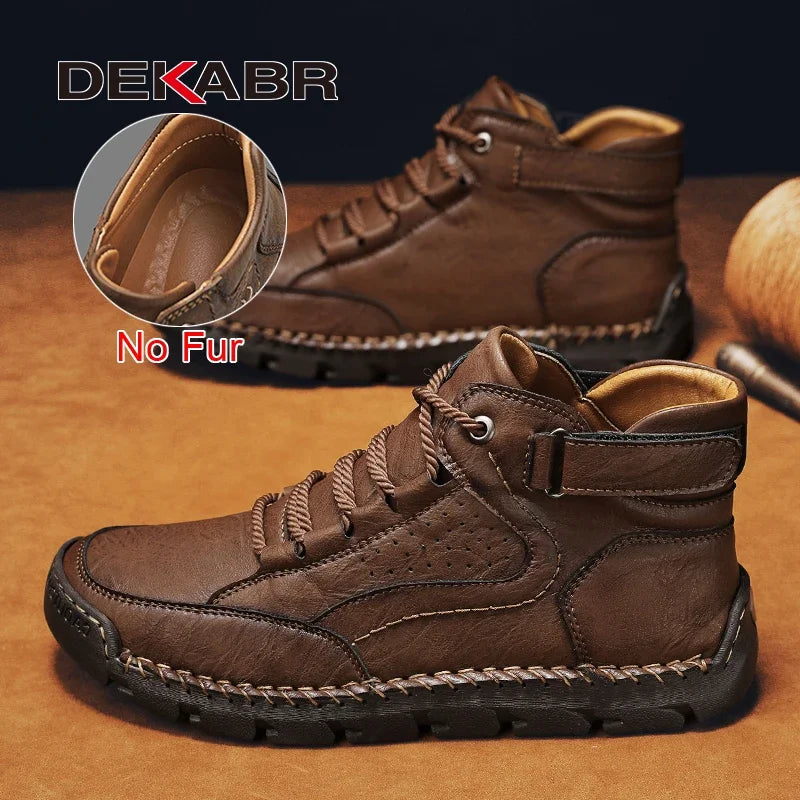 DEKABR PU Leather Men Boots Winter Warm Outdoor Comfortable Boots Handmade Ankle Boots Business Boots Big Size 38-48
