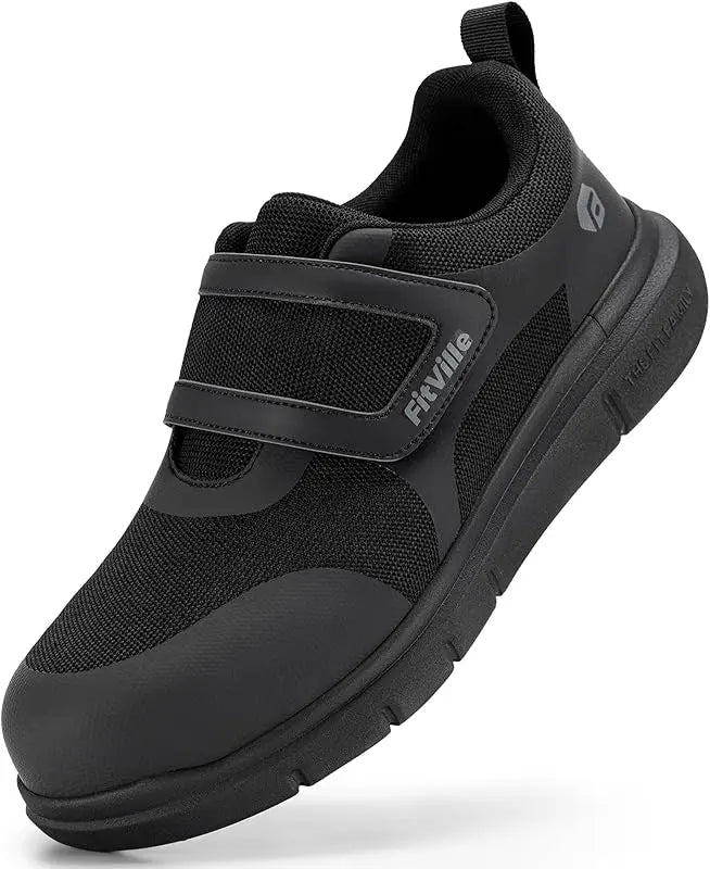 FitVille Safety Men'S Steel Toe Shoes  Wide Width 2E Lightweight Puncture Resistant Non-Slip With Arch Support Black Adjustable