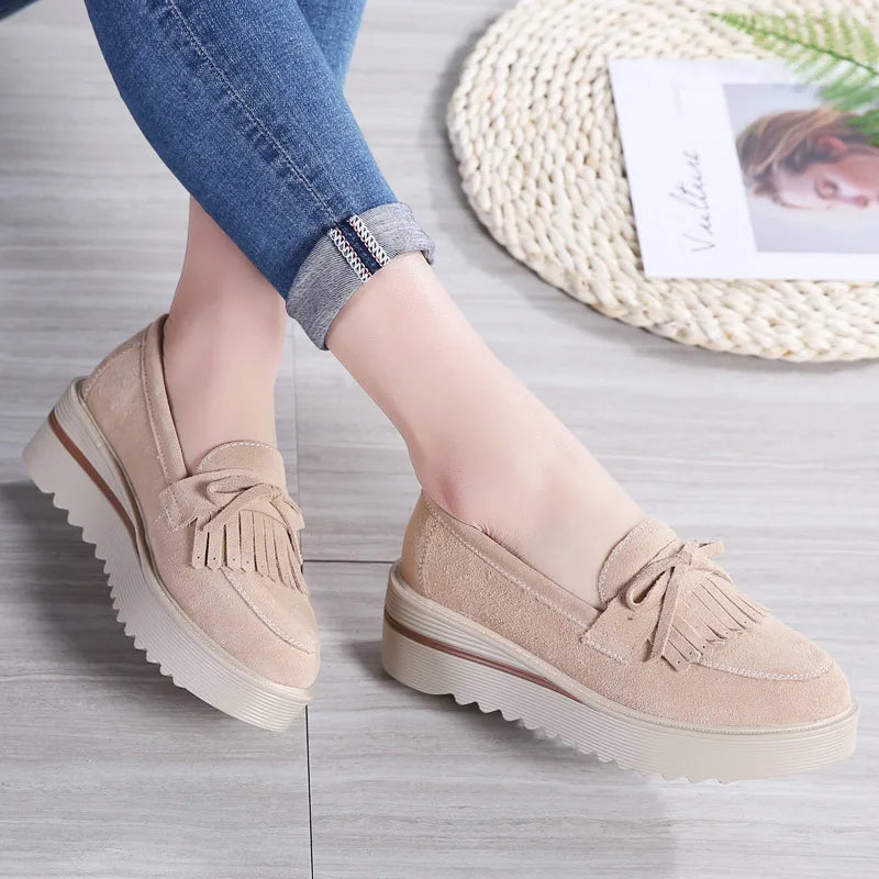 WOIZGIC Women Female Ladies Mother Cow Suede Leather Shoes Platform Flats Fringe Non Slip On Autumn Nowknot Vulcanized Shoes