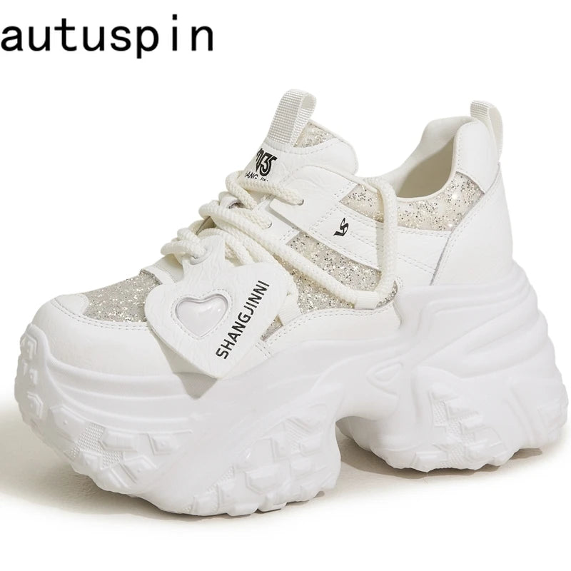 AUTUSPIN 10cm High Chunky Sneakers Women Newest Autumn 2025 Fashion Bling Bling Shoes Outdoor Lace-up Brand Platform Sneaker