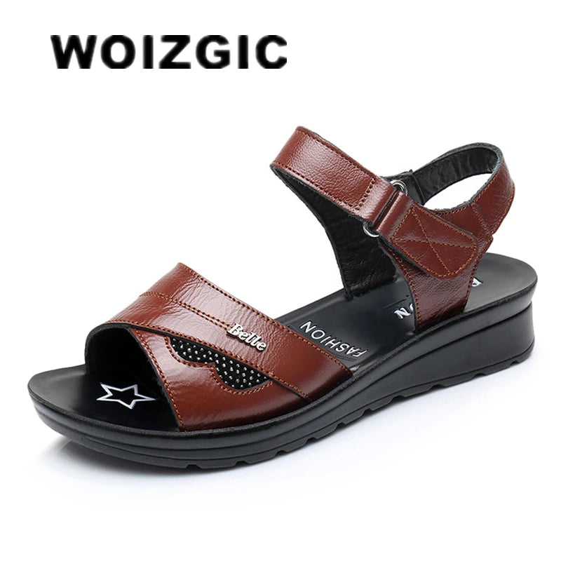 WOIZGIC Femmes Mère Vieille Femme Sandales Chaussures Vache Véritable Cuir Décontracté PU Crochet Boucle Été Plage Cool Taille 35-41 HD-B01
