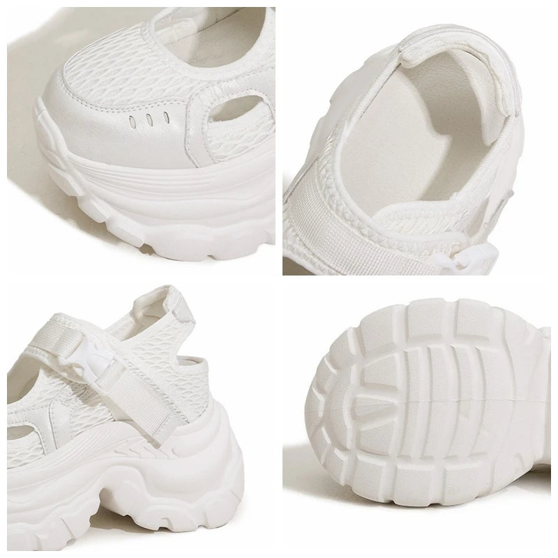 Fujin 9cm Air Mesh Microfiber Leather High Brand Comfy Platform Wedge Fashion Summer Chunky Sneaker Buckle Mary Jane Shoes Women