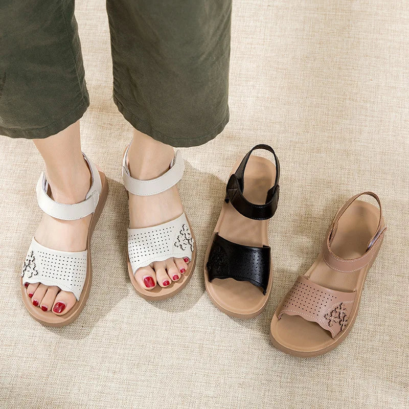 WOIZGIC Femmes Dames Mère Véritable Cuir Blanc Sandales Chaussures Été Plage Cool Doux Antidérapant Style National