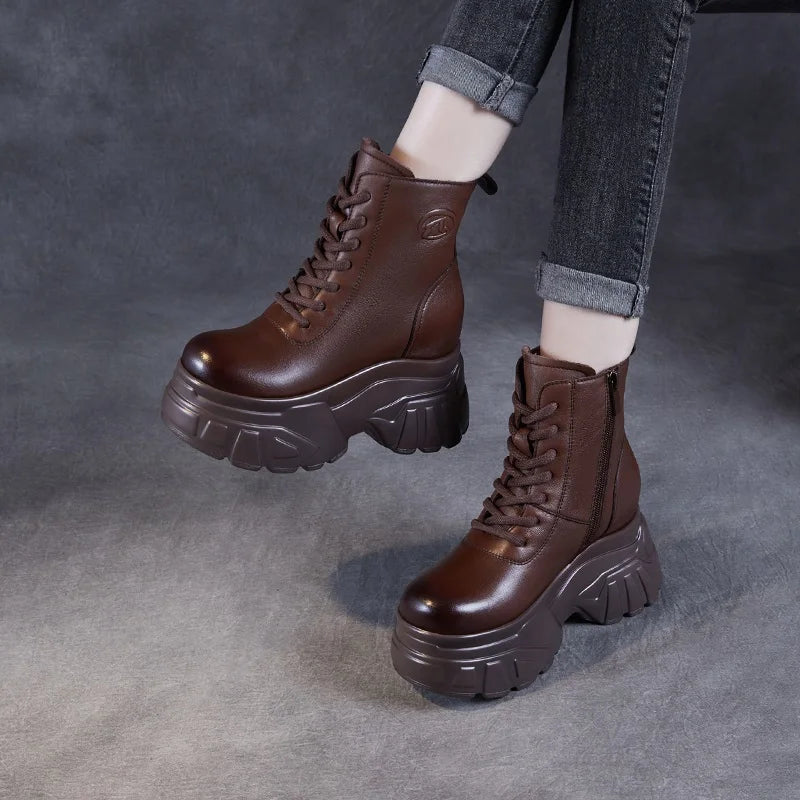 DRKANOL 2025 Women Wedges Heel Ankle Boots Autumn Winter 10cm Height Increasing Genuine Leather Platform Retro Warm Short Boots