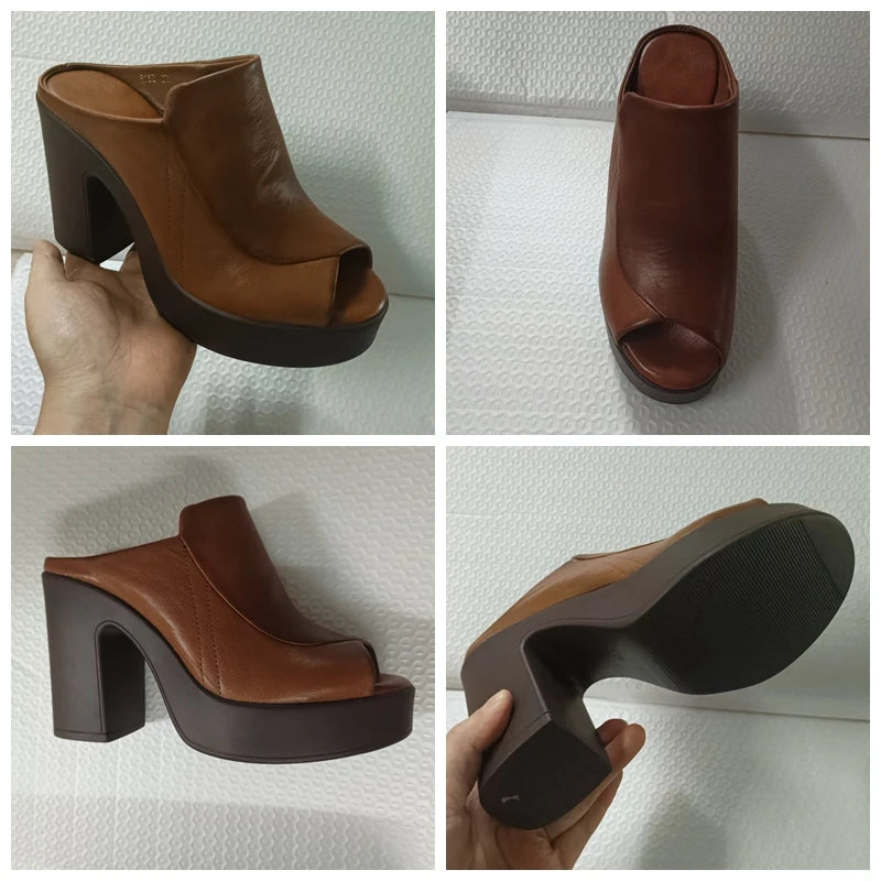 Fujin 10.5cm 2025 Cow Genuine Leather Synthetic Summer Chunky Heels Mary Jane Slip on Peep Toe Breathable Pumps Shoes