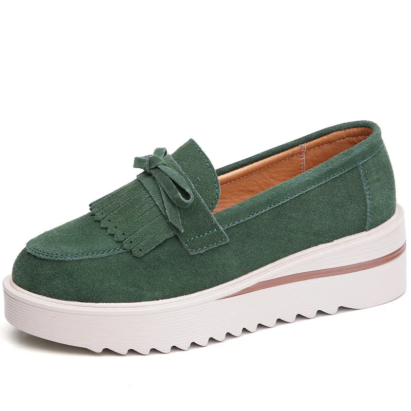 WOIZGIC Women Female Ladies Mother Cow Suede Leather Shoes Platform Flats Fringe Non Slip On Autumn Nowknot Vulcanized Shoes