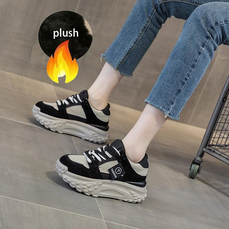 Fujin 6Cm Cow Genuine Leather Women Autumn Spring Winter Plush Warm Platform Wedge Hidden Heel Sneakers Chunky Mixed Color Shoes