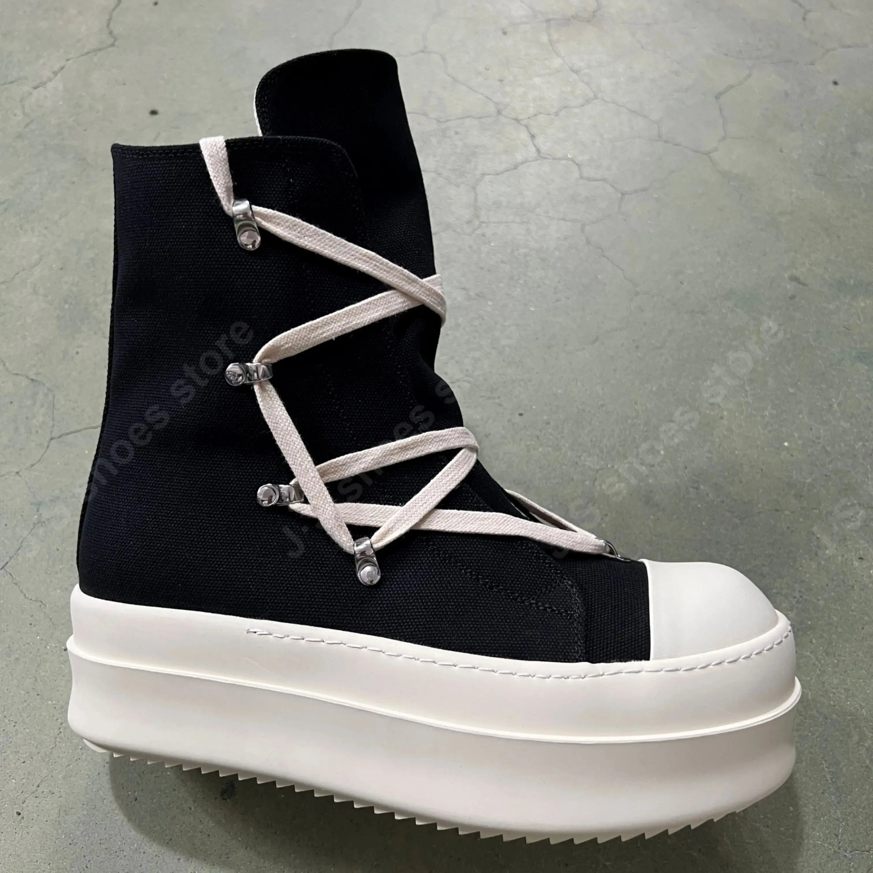 R-o Designer Boots Men Sneaker Women Black Canvas High Top Casual Shoe Lace Up Platform 6cm Thick Sole Ankle Boot Shoes