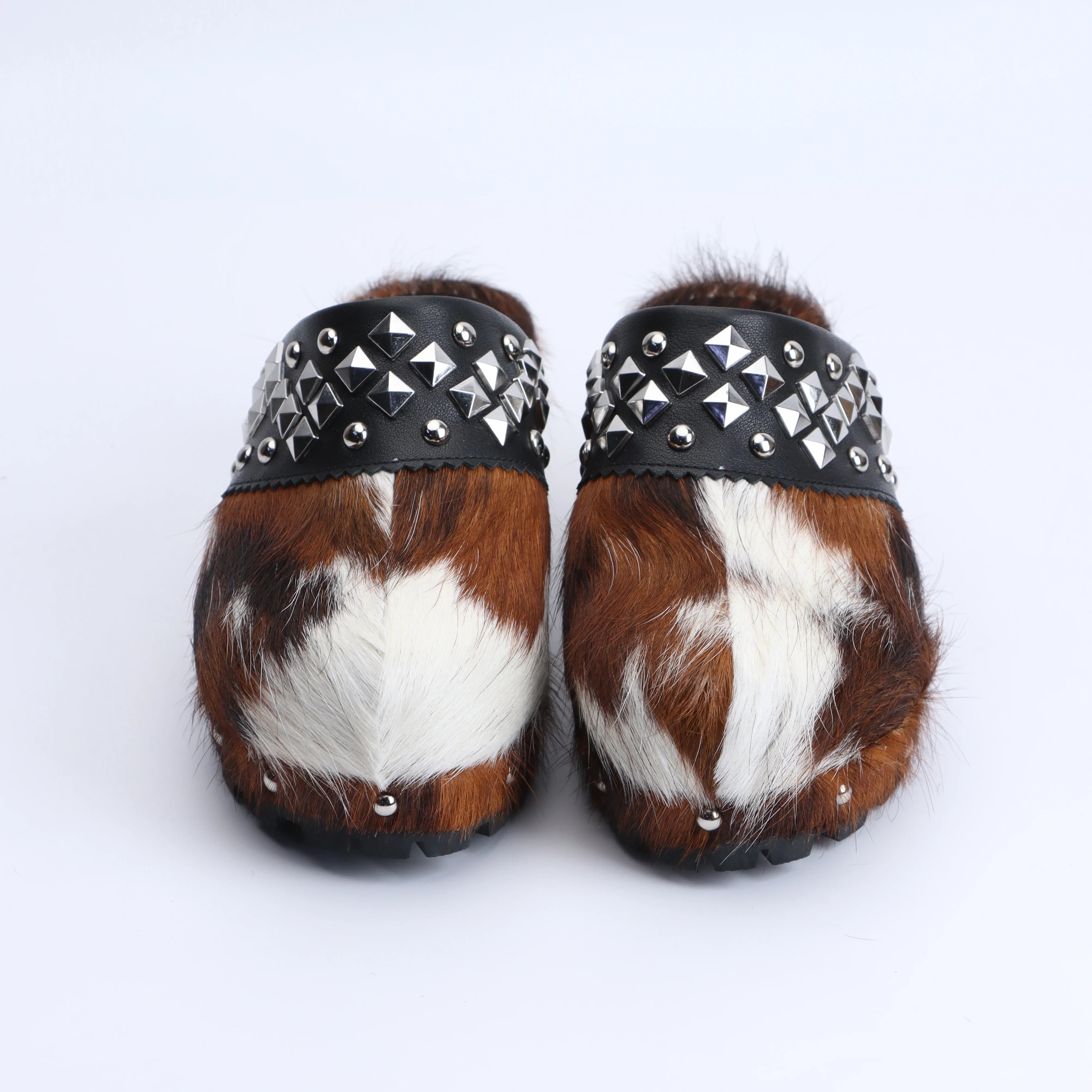 Trendy 2025 Summer Slides Luxury Designer Mule Sandals for Women, Handmade Cowhide Fur, Rubber Sole, Geometric Metal Decor