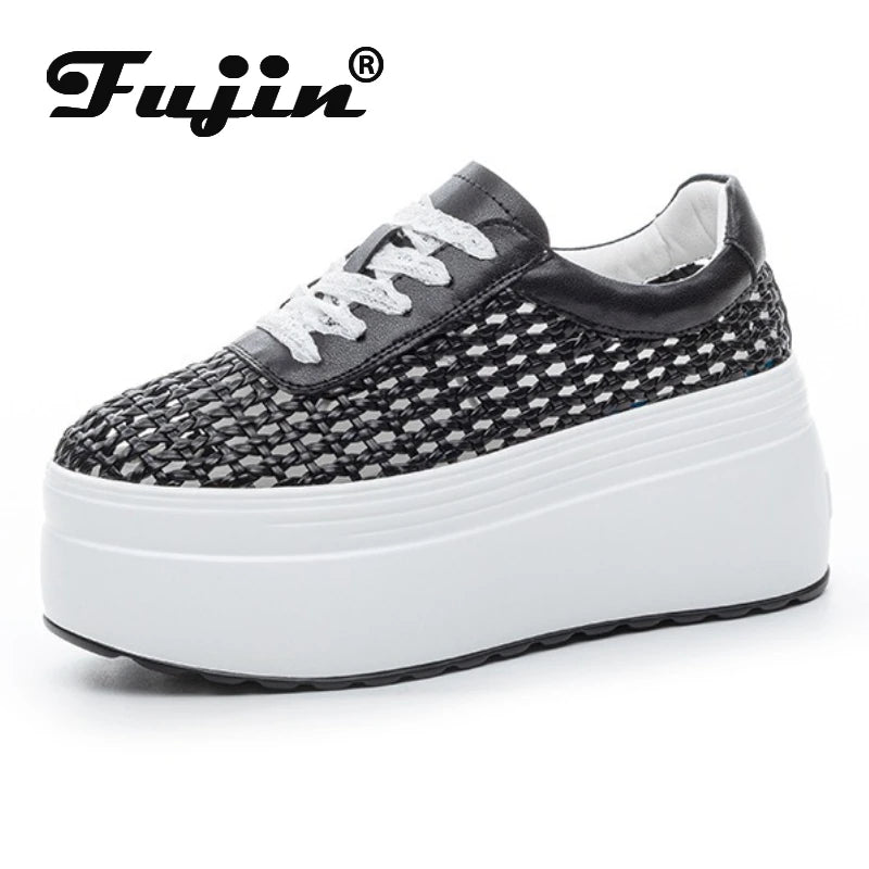 Fujin 8cm Air Mesh Weave Microfiber Leather High Brand Platform Wedge Fashion Summer Comfy Shoes Sandals Women Chunky Sneaker