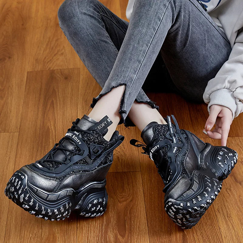 Fujin 12cm Microfiber Synthetic Chunky Sneakers Spring Shoes Genuine Leather Ankle Booties Bling Women Vulcanize Boots Autumn